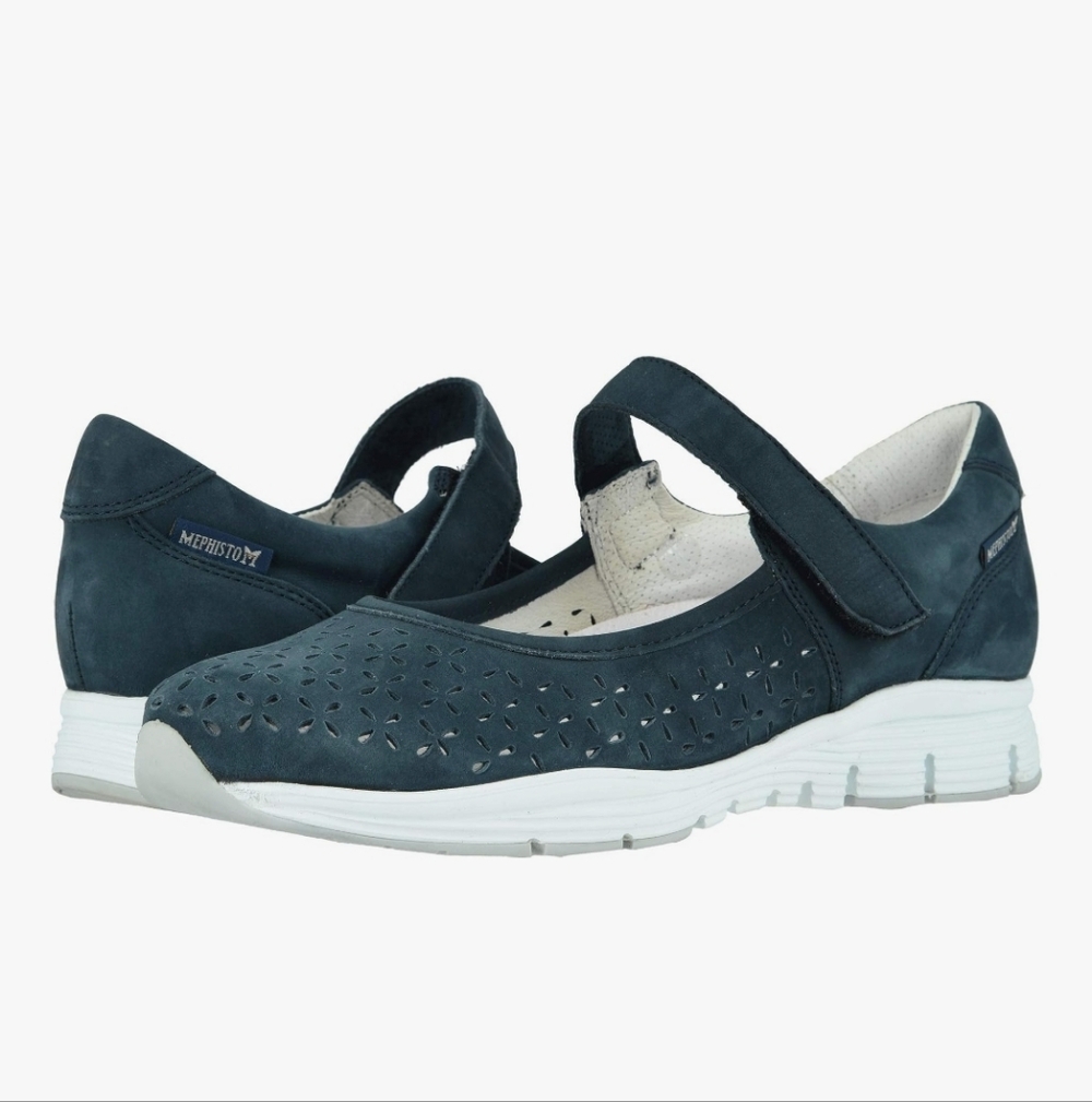 Mephisto Navy Blue Perforated Mary Jane Flats